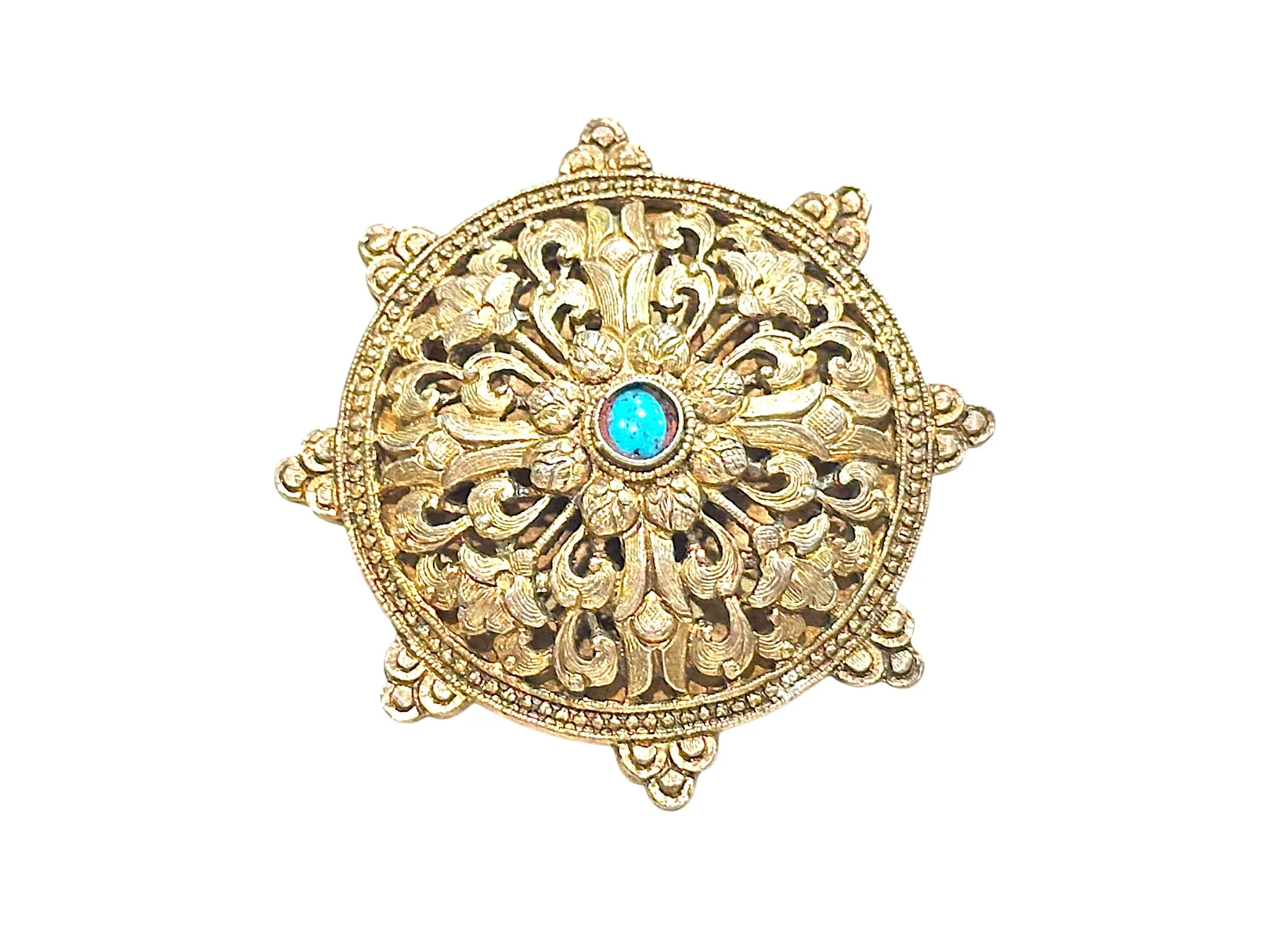 Antique Bhutanese Koma Sterling Silver Gold-Wash Brooch / Pendant with Turquoise Stone